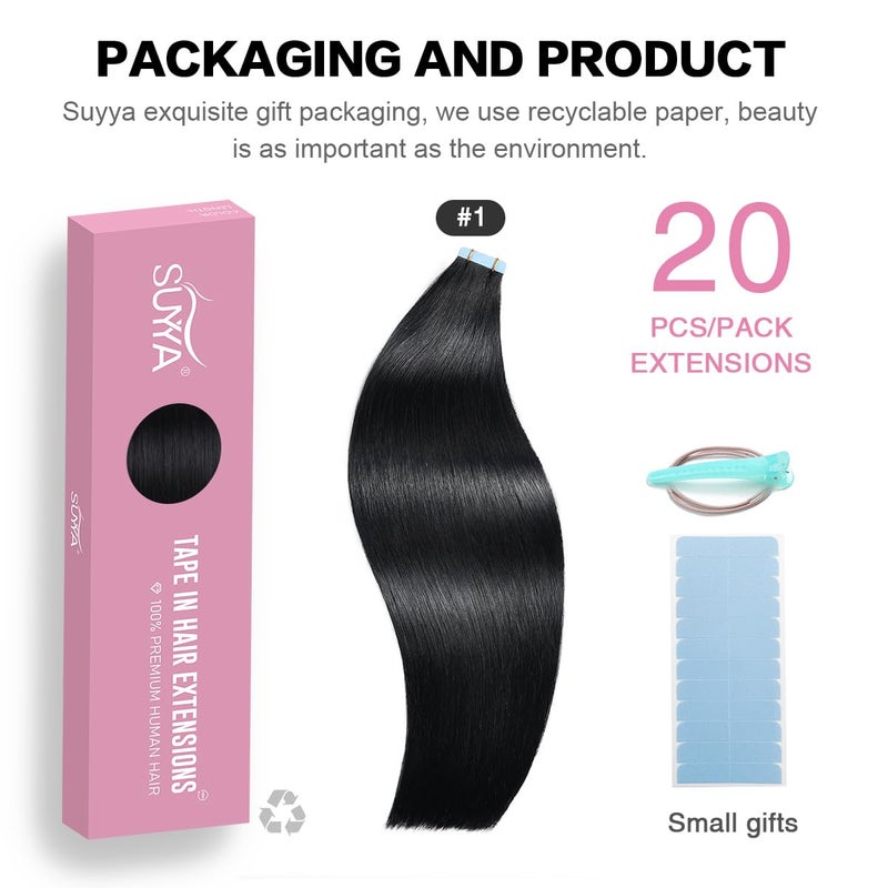 SUYYA Tape in Hair Extensions Jet Black 100% Remy Human 20 inches 20pcs 50g/pack Straight Seamless Skin Weft Hair(20 #1 Black) - Image 2